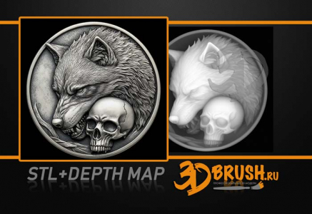 angry wolf with skull coin 3d model for CNC, laser or engraving