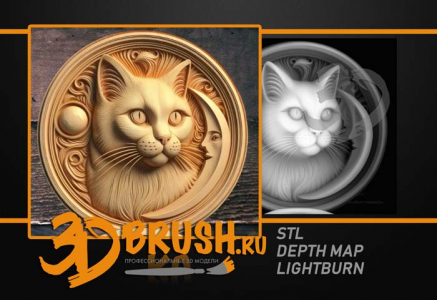 cat with moon and sun 3d model for cnc or engraving, кот с луной и солнцем 3д модель