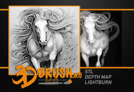 horse galloping in front with a mane 3D model for CNC or engraving, лошадь скачет в фас с гривой 3д модель
