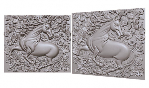 horse galloping on a background of flowers 3D model for CNC or engraving