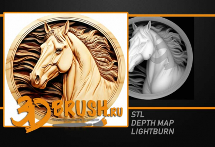 horse in a circle portrait 3D model for CNC or engraving