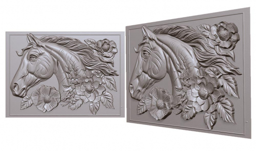 horse in flowers on a board 3D model for CNC or engraving, лошадка в цветах на доске 3д модель