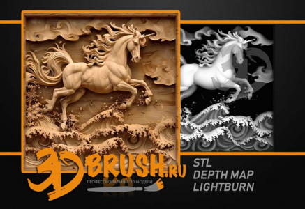 horse in the sea galloping on the waves 3D model for CNC or engraving, лошадь в море скачет по волнам 3д модель