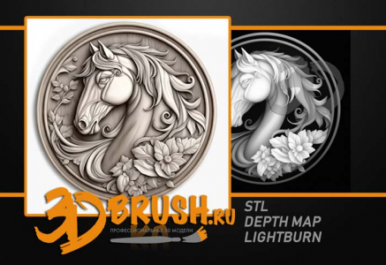 horse on a coin in flowers with a mane in profile 3D model, лошадь на монете в цветах с гривой в профиль 3д модель