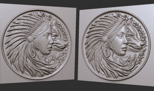 Indian girl with a wolf in profile on a coin 3d model for CNC, laser or engraving