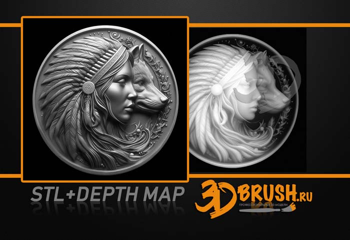 indian-girl-with-a-wolf-in-profile-on-a-coin-3d-model-for-cnc-laser-or-engraving