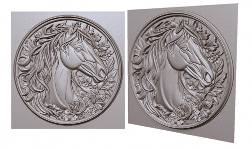 лошадь на монете с гривой в цветах  3д модель, horse on a coin with a mane in flowers 3D model for CNC or engraving