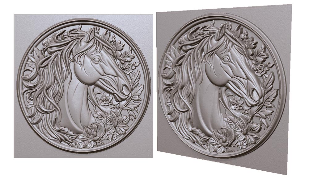 loshad-na-monete-s-grivoy-v-cvetah-3d-model-horse-on-a-coin-with-a-mane-in-flowers-3d-model-for-cnc-or-engraving