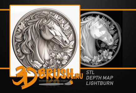 лошадь на монете с гривой в цветах  3д модель, horse on a coin with a mane in flowers 3D model for CNC or engraving