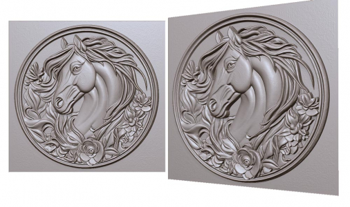 лошадь на монете в цветах грива развивается 3д модель, horse on a coin in colors mane develops 3D model for CNC or engraving