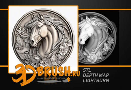 лошадь на монете в цветах грива развивается 3д модель, horse on a coin in colors mane develops 3D model for CNC or engraving
