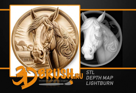 лошадь на поле  3д модель, horse on a field 3D model for CNC or engraving