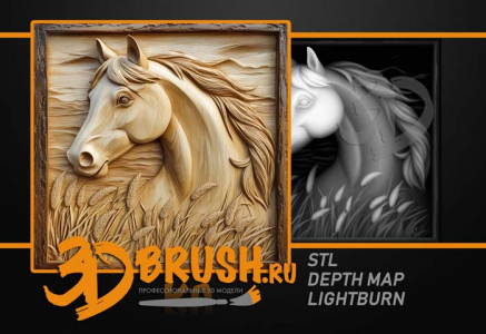 лошадь в поле среди колосьев 3д модель, horse in a field among the ears of corn 3D model for CNC or engraving