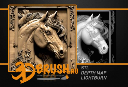  лошадь  в рамке в цветах 3д модель, horse in a frame in flowers 3D model for CNC or engraving