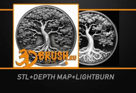 tree of life on a coin with foliage and roots 3D for CNC, engraving, laser burning