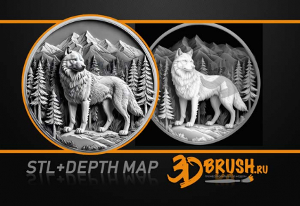 wolf on a stone in the forest spruce mountains 3D model, elevation map, engraving